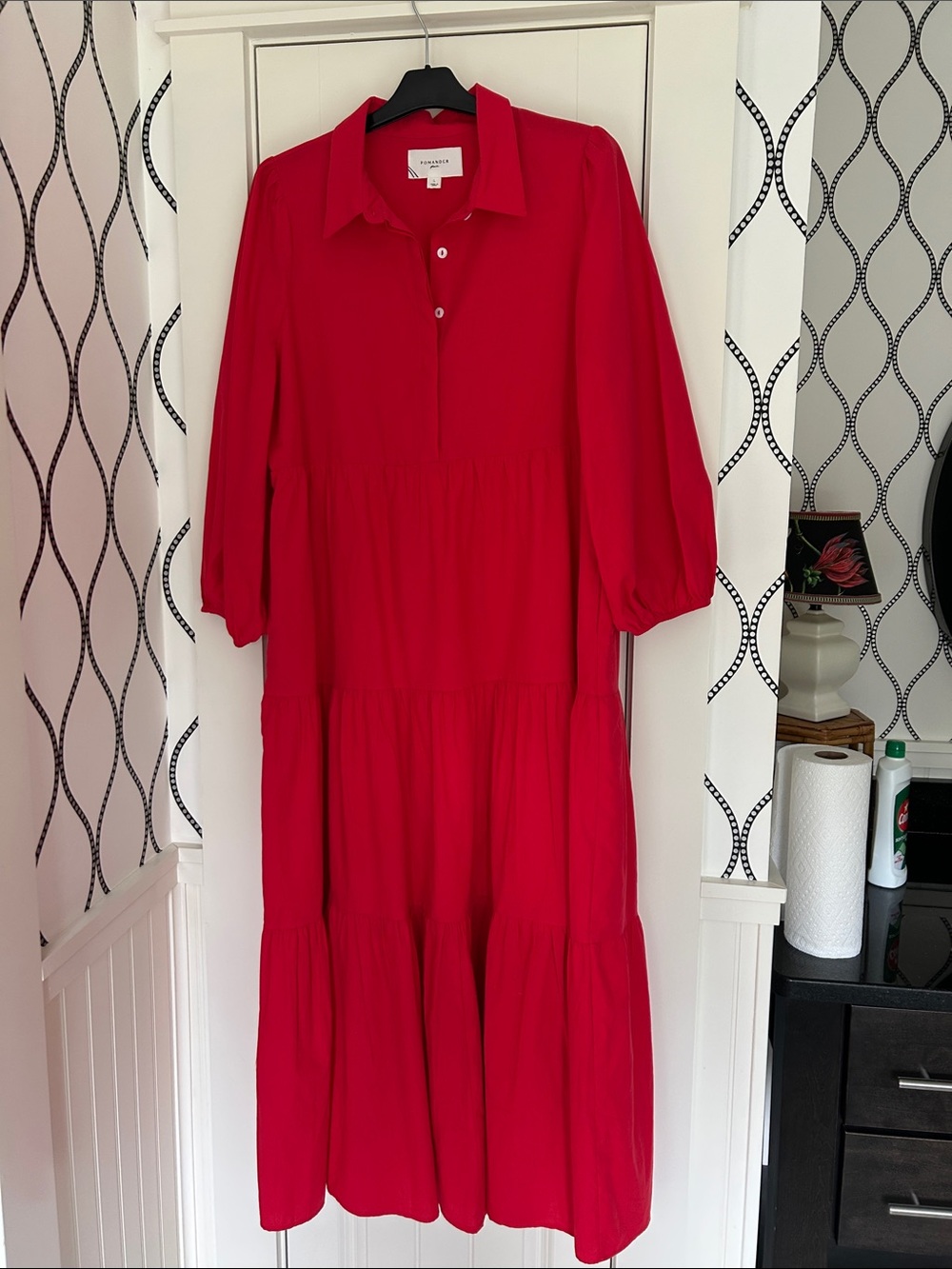 Pomander Place Red Tiered Maxi Shirt Dress